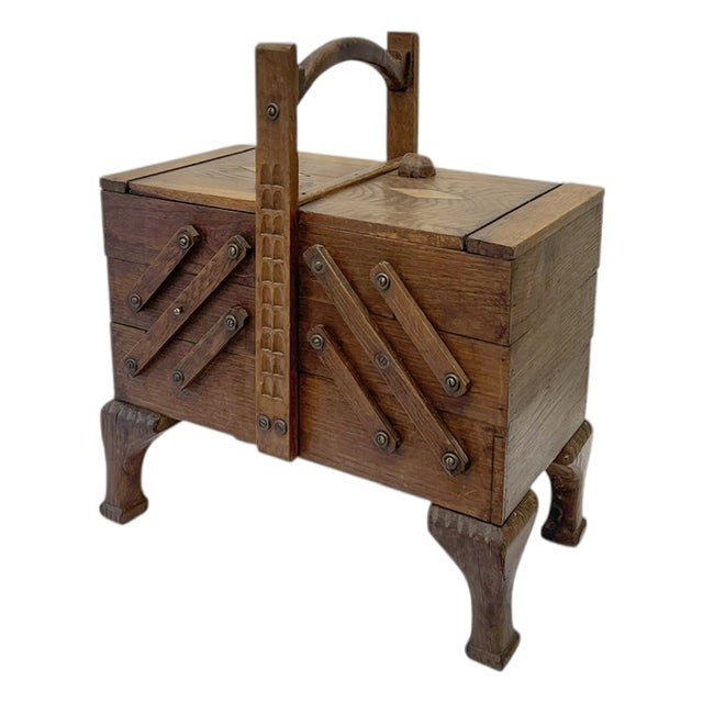 Arts & Crafts Style Oak Expanding Sewing Box, 1950s For Sale