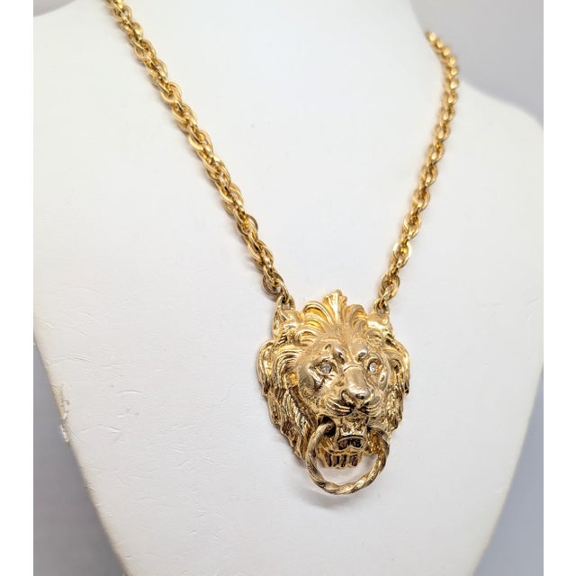 Metal Vintage 1970s Signed Accessocraft Goldtone Lion Doorknocker With Rhinestone Eyes Pendant Necklace For Sale - Image 7 of 9