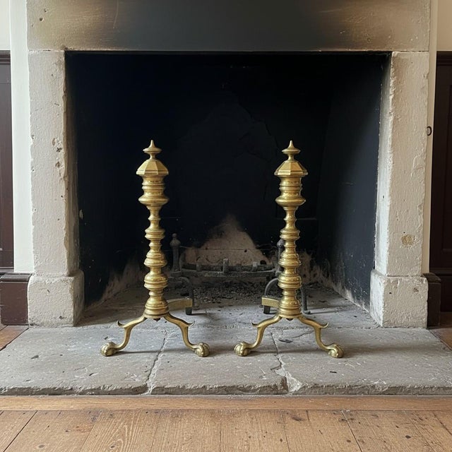 Antique Brass Andirons Pair-Chippendale-Beehive-Claw Foot-Fireplace Dogs-Federal For Sale - Image 4 of 11