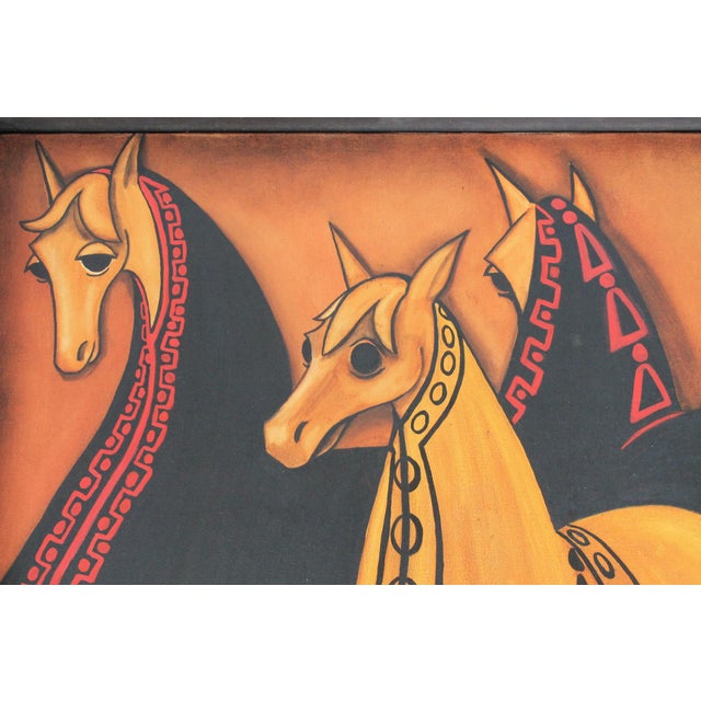 Mid-Century Modern 1980's Framed Painting With Adorned Horses For Sale - Image 3 of 11