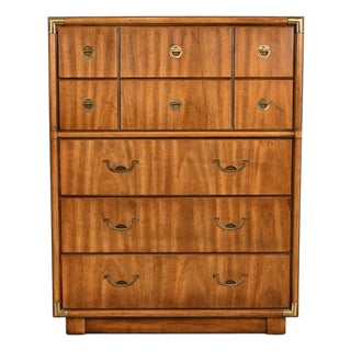 Drexel Heritage Mid-Century Modern Hollywood Regency Campaign Walnut Highboy Dresser, 1970s For Sale