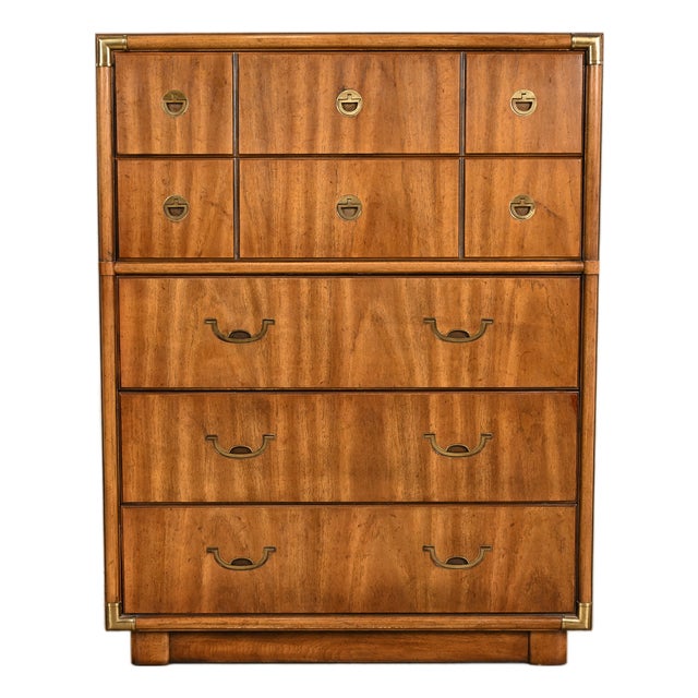 Drexel Heritage Mid-Century Modern Hollywood Regency Campaign Walnut Highboy Dresser, 1970s For Sale