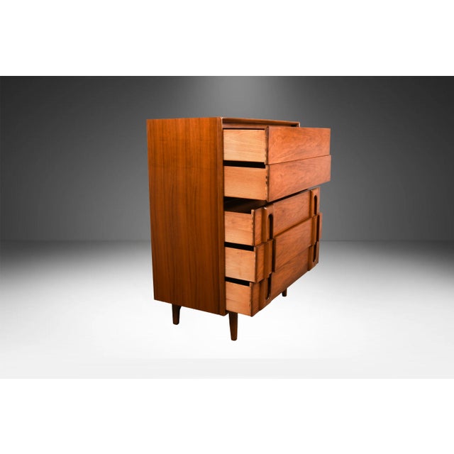 1960s Mid Century Vintage Lane Walnut and Burlwood Tall Five Drawer Dresser For Sale - Image 9 of 15