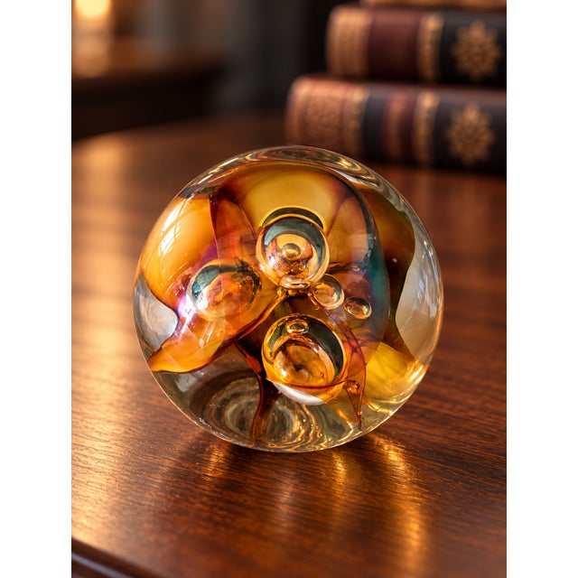 English Vintage English Langham Studio Art Glass Paperweight With Amber Swirls and Bubbles For Sale - Image 3 of 5