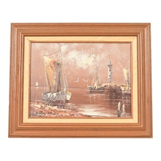 Rikard Lindström Original Signed Oil Painting on Canvas of Ships in Harbor in Carved Wood Frame For Sale