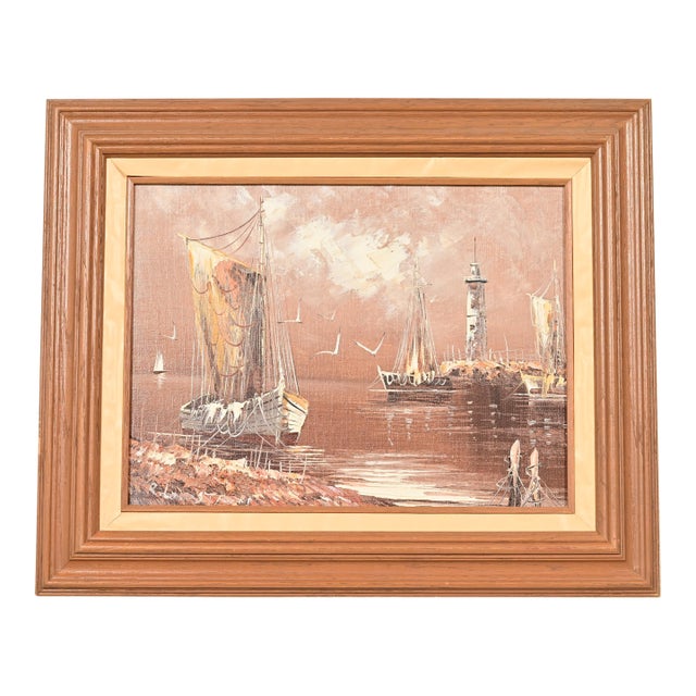 Rikard Lindström Original Signed Oil Painting on Canvas of Ships in Harbor in Carved Wood Frame For Sale