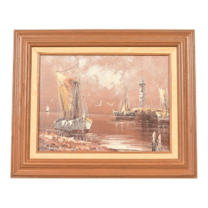 Rikard Lindström Original Signed Oil Painting on Canvas of Ships in Harbor in Carved Wood Frame