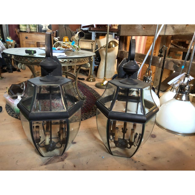 Traditional Large Metal & Beveled Glass Wall Mounted Lanterns -A Pair For Sale - Image 3 of 13