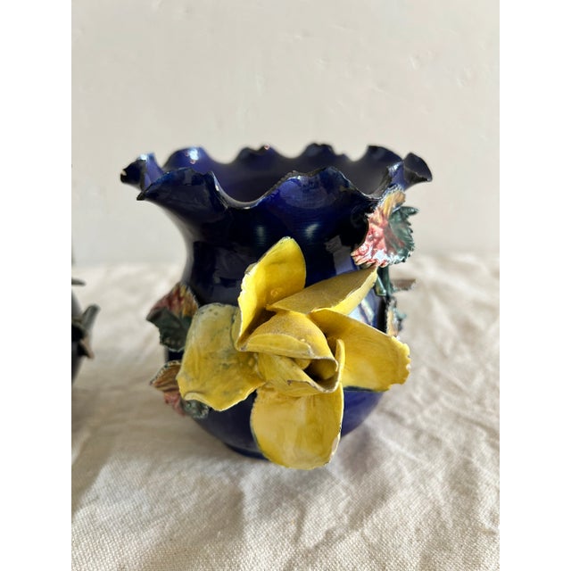 Pair, Antique French Barbotine Majolica Vase Applied Rose Vases For Sale - Image 4 of 8