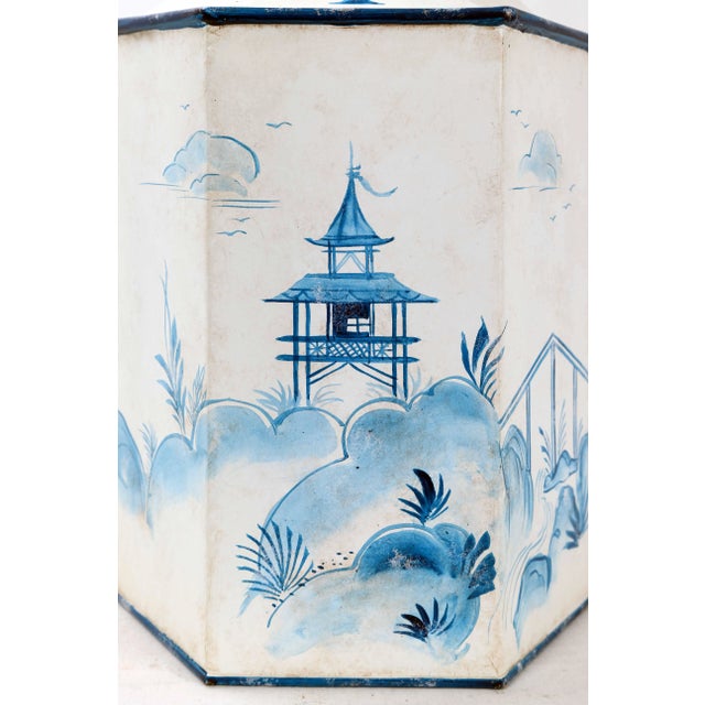 Mid 20th Century Vintage Hexagonal Blue & White Tole Tea Caddy #1 For Sale - Image 4 of 10