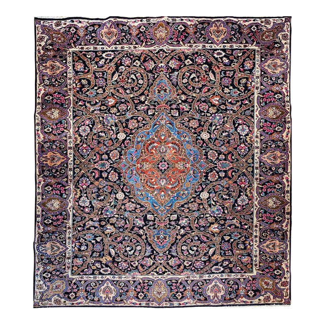 Vintage Persian Khorassan Rug, Hand-Knotted Wool, Floral Pattern, Navy & Turquoise, 10x12 For Sale
