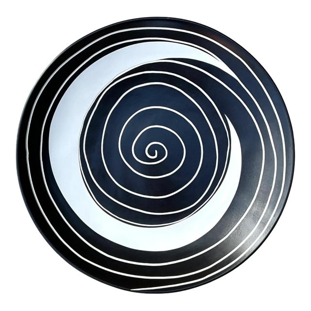 Vintage Monumental Black and White Spiral Ceramic Plate For Sale