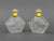 Collection of Five French Etched Glass Perfume Bottles, comprising: pair of hexagonal bottle with yellow enamel ferrule...