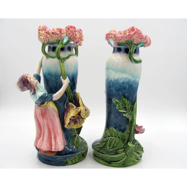 Ceramic Antique Majolica Art Nouveau Figural Dutch Girl Boy Vases - a Pair For Sale - Image 7 of 13