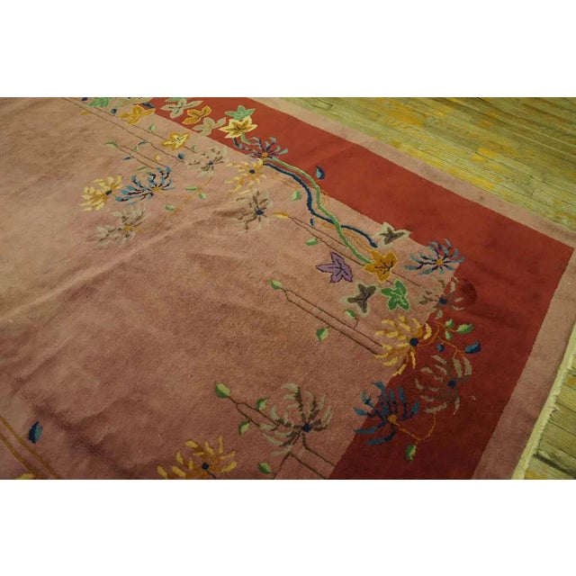 Textile 1920s Pink Rose Open Floral Vase Antique Chinese Art Deco Carpet 9' X 11' 7" Knotted Wool Rug For Sale - Image 7 of 12