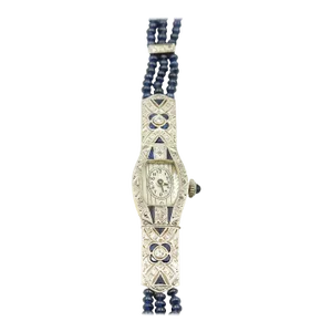Art Deco Floral Filagree Sapphire and Diamond Ladies Dress Watch Sapphire Band