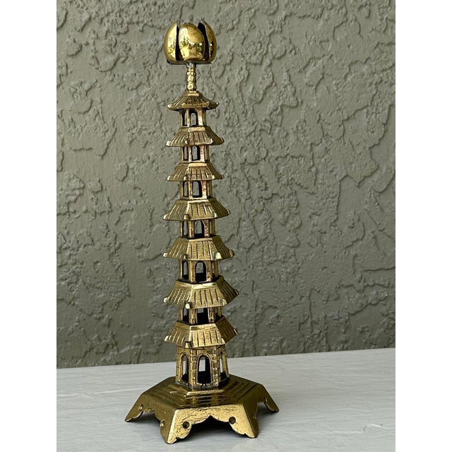 Antique Chinese Brass Pagoda Temple Candlestick With Lotus Flower Bobeche For Sale - Image 4 of 12