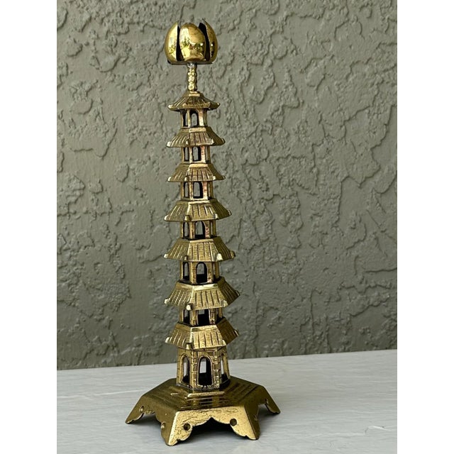 Vintage Chinese Brass Pagoda Temple Candlestick With Lotus Flower Bobeche For Sale - Image 4 of 12