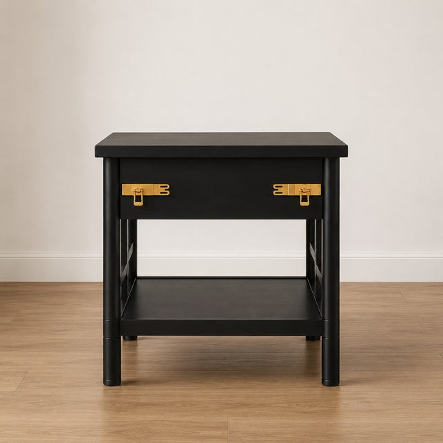 Campaign Vintage Modern Black Lacquer Campaign End Table With Brass Hardware For Sale - Image 3 of 4