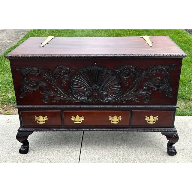 Antique Solid Mahogany Shell Carved Claw Foot Centennial Blanket Chest For Sale - Image 15 of 17