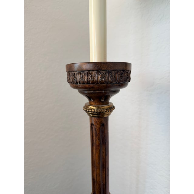 Set of Maitland-Smith Candlestick-Form Table Lamps with original shades harp and finials.. great shape. Measures 9" in...