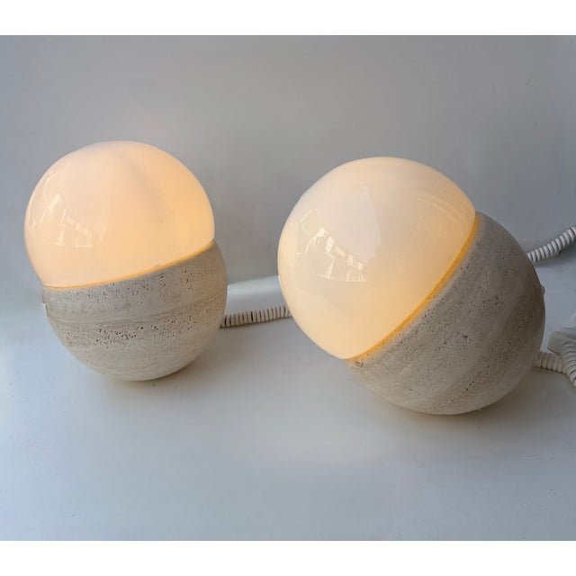 Pair of Travertine and Opaline Glass Culbuto Lamps Italy, 1980s For Sale - Image 4 of 12