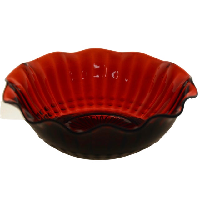 Anchor Hocking Red Ruby Glass Wave Rim Bowl For Sale - Image 4 of 4