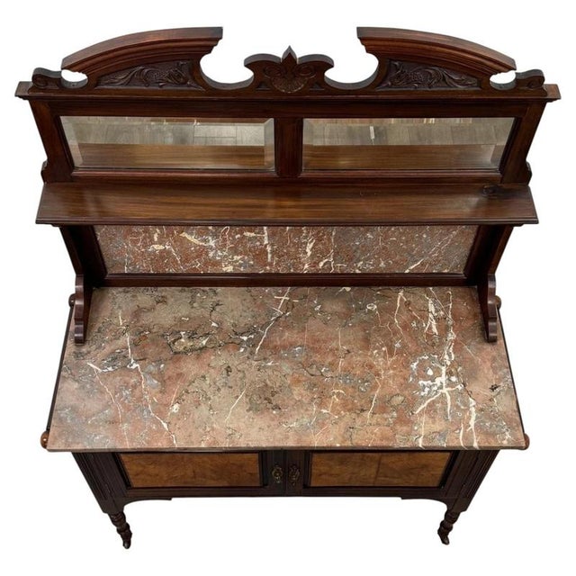 Antique English Edwardian Burr Walnut and Marble Washstand For Sale - Image 3 of 11