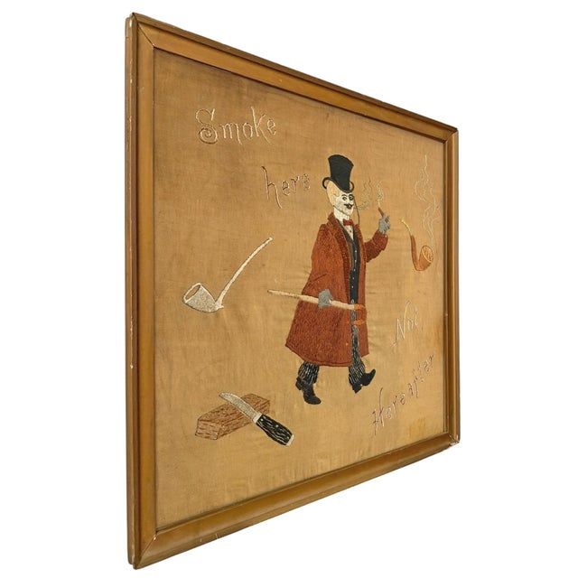 Victorian 'Smoke Here, Not Hereafter, ' a 19th Century English Embroidered Textile For Sale - Image 3 of 11