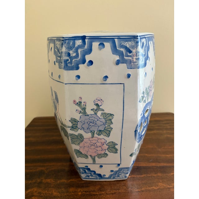 Ceramic Vintage Hexagonal Chinoiserie Porcelain Garden Stool or Side Table For Sale - Image 7 of 9