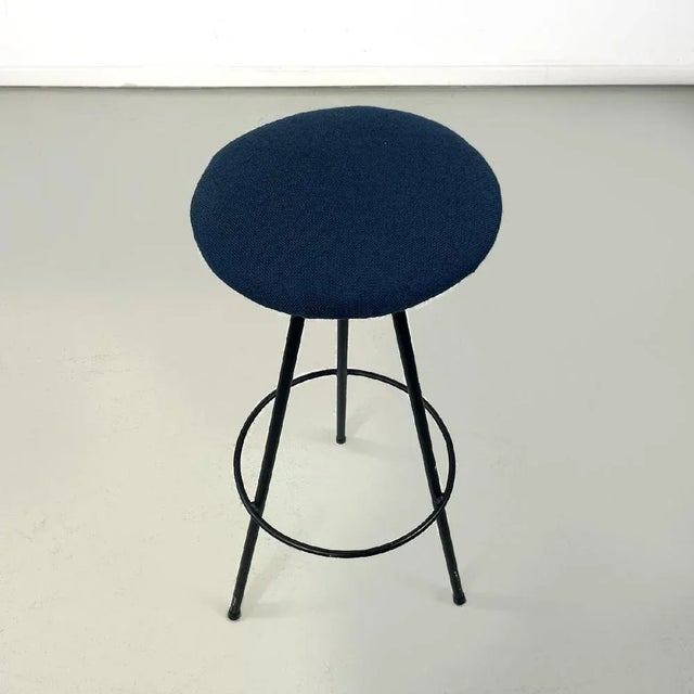 Mid-Century Italian Modern Black Metal and Blue Fabric Tripod Stool, 1950s For Sale - Image 3 of 12