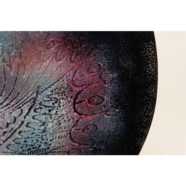 Metal Large Vintage Enamel on Copper Sgraffito Peacock Decorative Plate by Arpad Rosti For Sale - Image 7 of 13