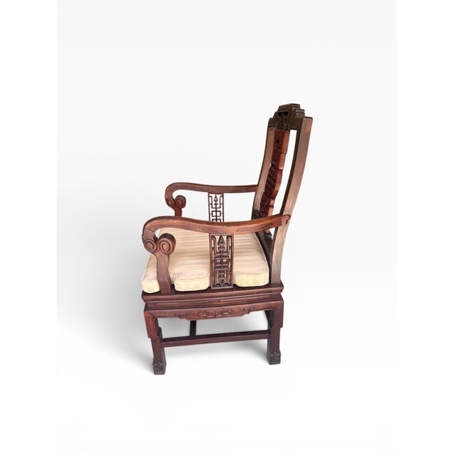 Chinoiserie Vintage Chinoiserie Carved Horseshoe Armchair With Intricate Openwork Back For Sale - Image 3 of 6