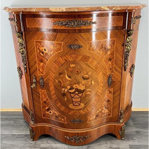 Vintage French Inlaid Cabinet with Brass Ormolu and Marble Top For Sale - Image 4 of 17