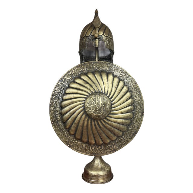 Hand Forged Calligraphy Brass Helmet Shield Display Set For Sale