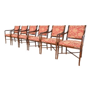 Baker Furniture Style Regency Carved Walnut Faux Bamboo Dining Armchairs, Set of Six For Sale