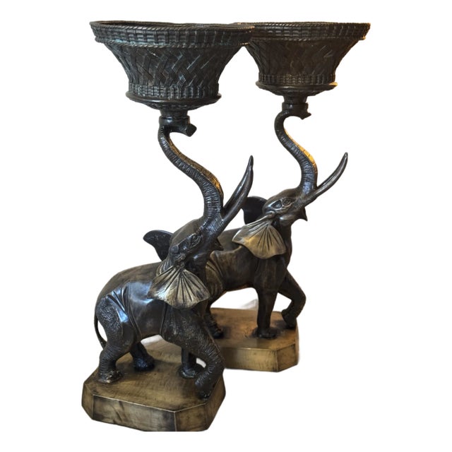 Vintage Mid-Century Solid Bronze Elephant Pedestal Tables – Pair For Sale