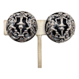 Vintage 1972 Signed Napier Silvertone Round Domed Griffin Clip Earrings-2 Pieces For Sale