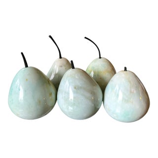 Set of Five Hand-Carved Marble Pears – Soft Aqua Green For Sale