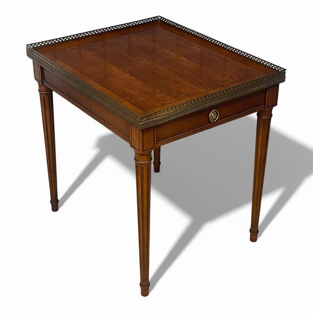 English Baker Furniture Louis XVI Side Table With Walnut Veneer & Brass Gallery For Sale - Image 3 of 12