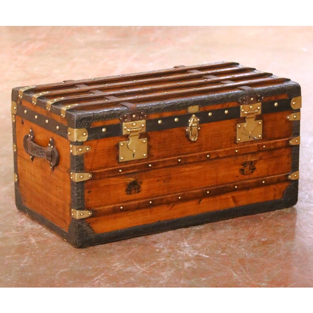 French 19th C. French Parisian Travel Trunk Coffee Table With Brass and Iron Hardware For Sale - Image 3 of 16