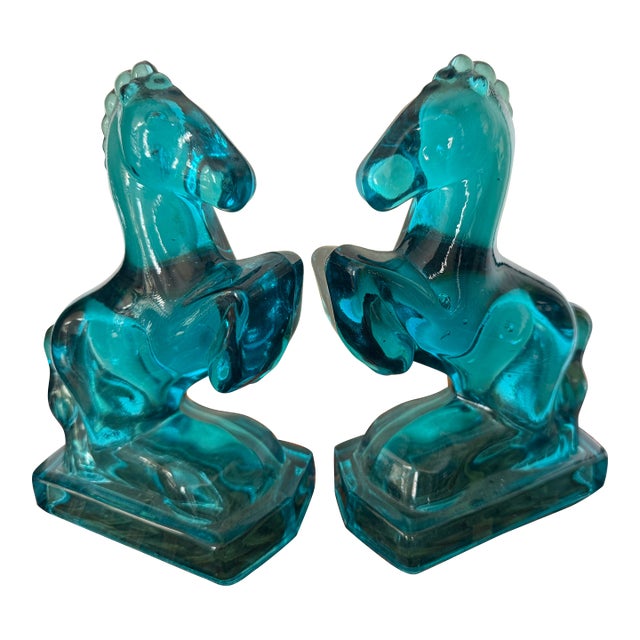 Peacock Blue Glass Rearing Horse Statues From 1940’s Art Deco, a Pair For Sale