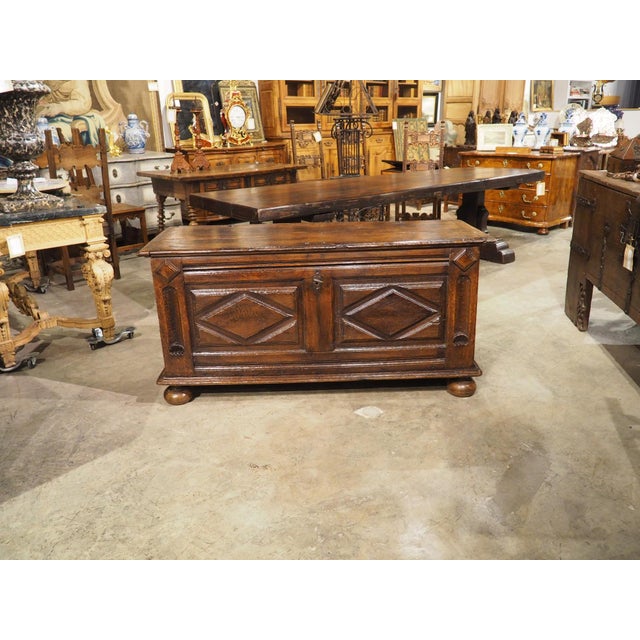Elegant Antique Oak Lozenge Paneled Trunk From France, 18th Century For Sale - Image 10 of 18