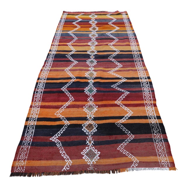 1960s Tribal Orange Striped Wool Handmade Kilim Rug For Sale