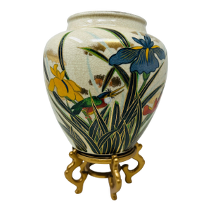 Vintage 1980s Japanese Porcelain 7.5-Inch Ovoid Iris and Kingfisher Vase