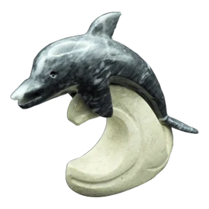 Vintage 1970s Green Marble Dolphin Riding a Wave Coastal Carved Figurine Mexico