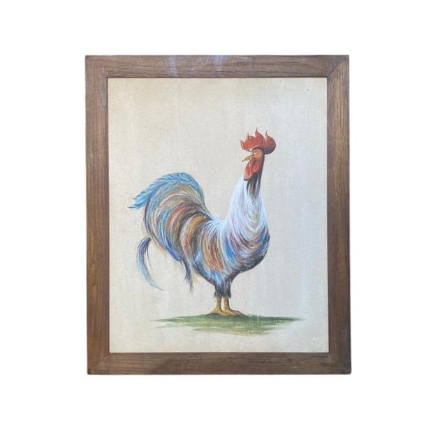 Unknown, Pair of Rooster Canvases, 1920s, Oil on Panel Paintings, Set of 2 For Sale - Image 3 of 6