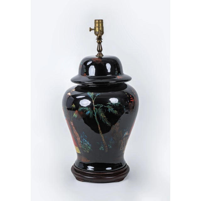 1980s Hand-Painted Chinoiseries Black Temple Jar Table Lamp For Sale - Image 5 of 10