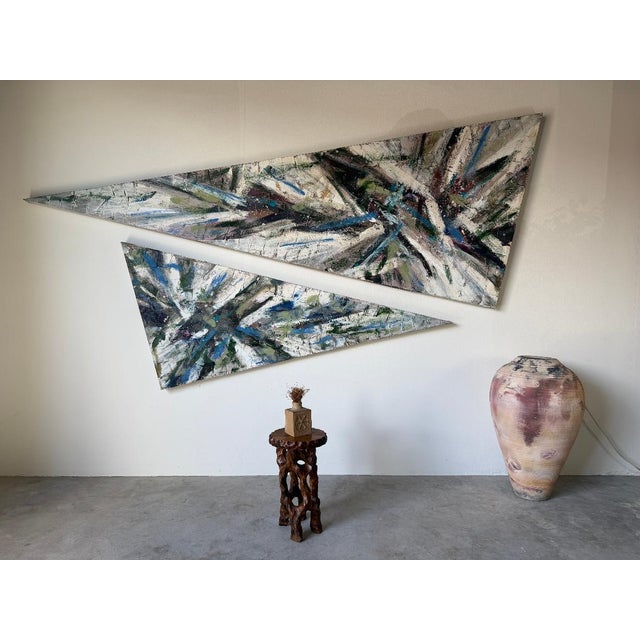 Oversized 1989 Vintage Textured Expressionist Abstract Acrylic on Canvas Geometric Paintings – Pair For Sale - Image 4 of 16