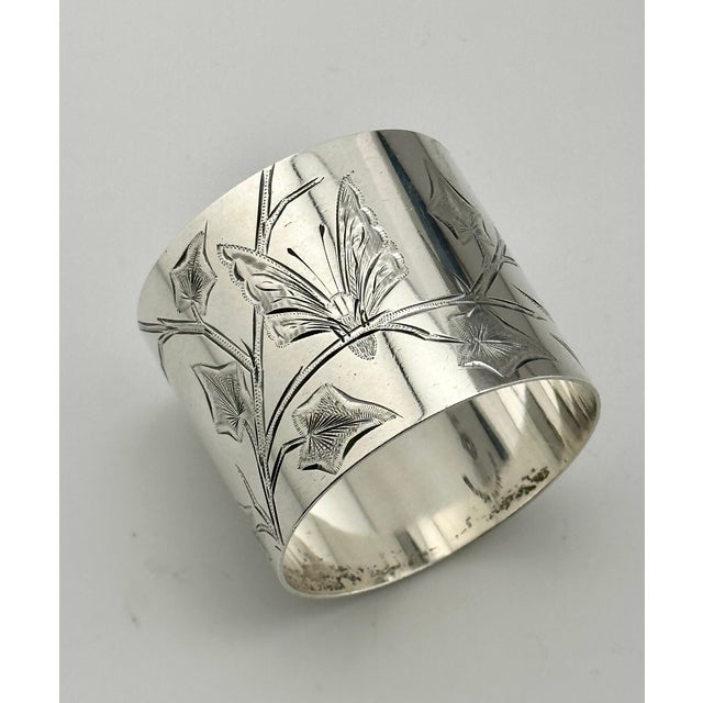 Victorian Antique American Hand Engraved Christmas 1882 Sterling Silver Owl & Butterfly Napkin Ring for "Alfred" For Sale - Image 3 of 17